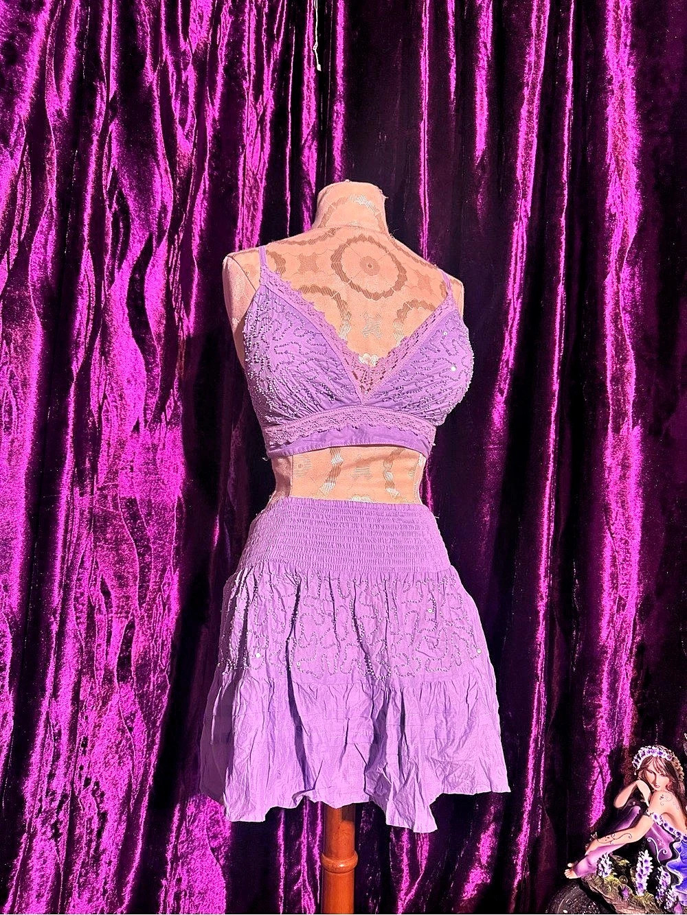 Cotton Purple Sequin Beaded Crop Top & Mini Skirt From Positano Italy